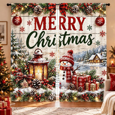 2 pièces de rideaux imprimés de scène de Noël, paysage d'hiver festif avec bonhomme de neige et cadeaux, tissu filtrant la lumière, protection de la vie privée, passe-tringle, lavable à la machine, convient au salon, à la chambre à coucher, à la décoration des Fêtes,