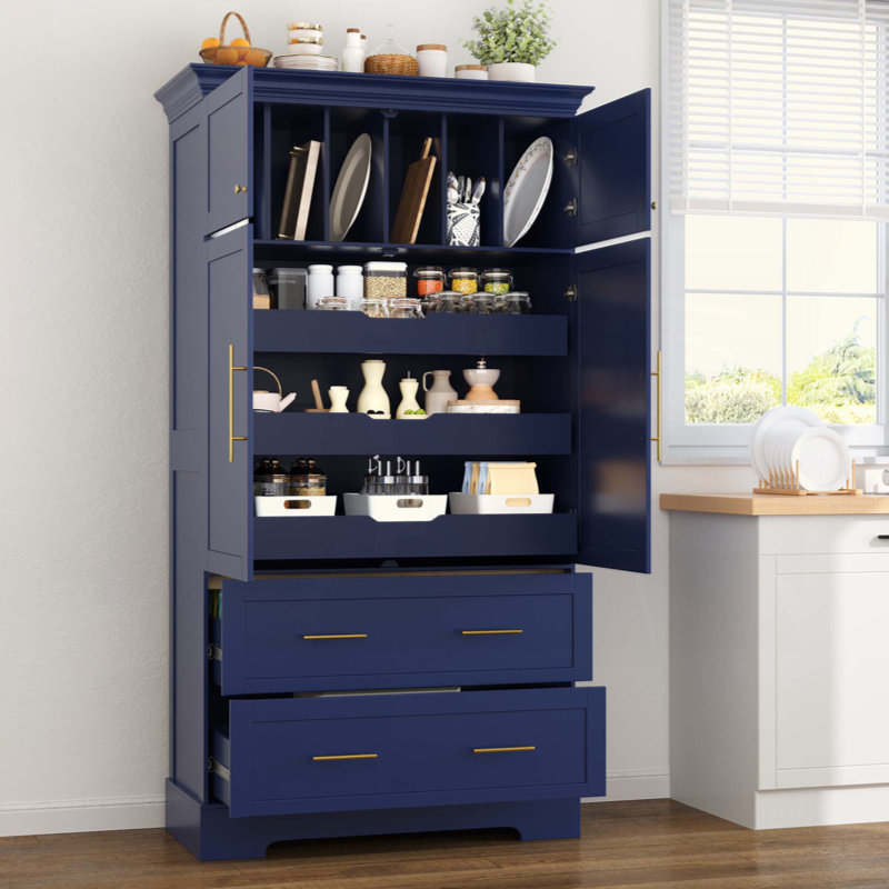 Garde-manger autoportant Farmhouse, 4 portes, armoire de rangement avec plateaux coulissants, tiroirs et plateau de rangement