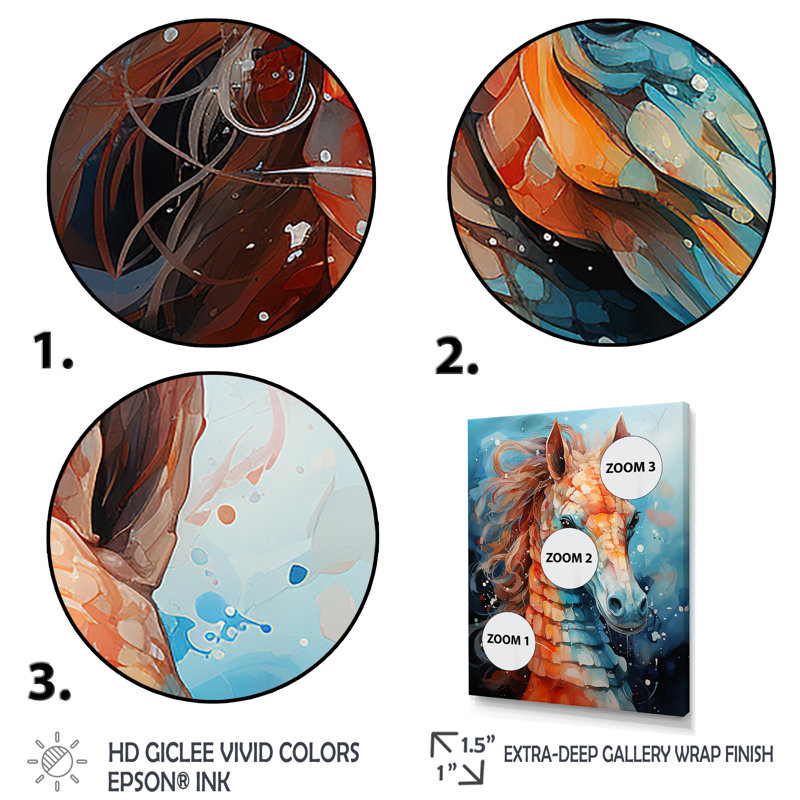«Orange and Blue Seahorse Symphony 3», Encadrement doré, H 44 po x l 34 po x P 1,5 po