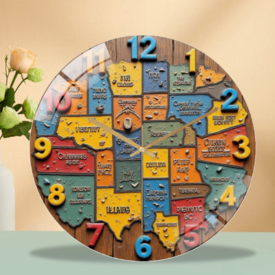 Colorful Texas Map Wall Art Home Decor Art - 12'' Modern Glass Wall Clock