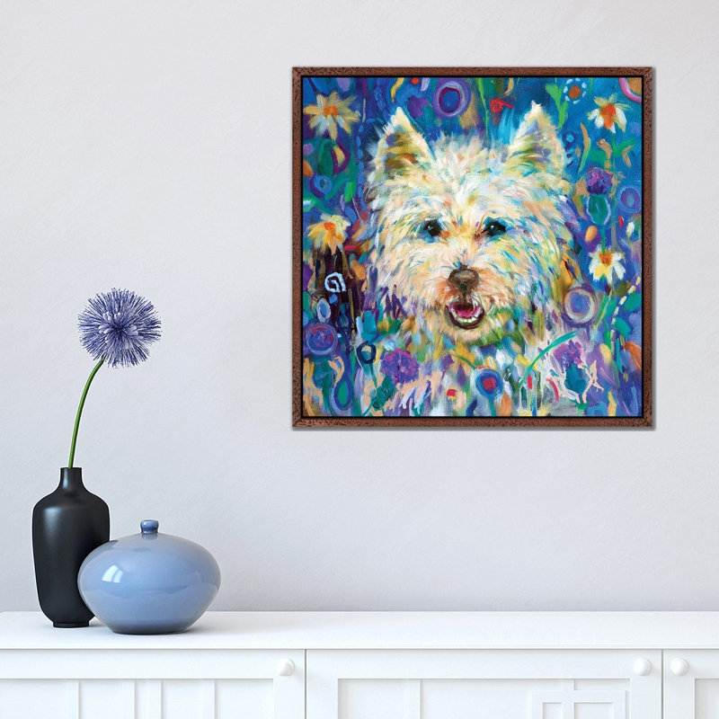 Westie by Sue Gardner - Painting on Canvas, 45.72 cm H x 45.72 cm W, Classic Brown Wood Framed