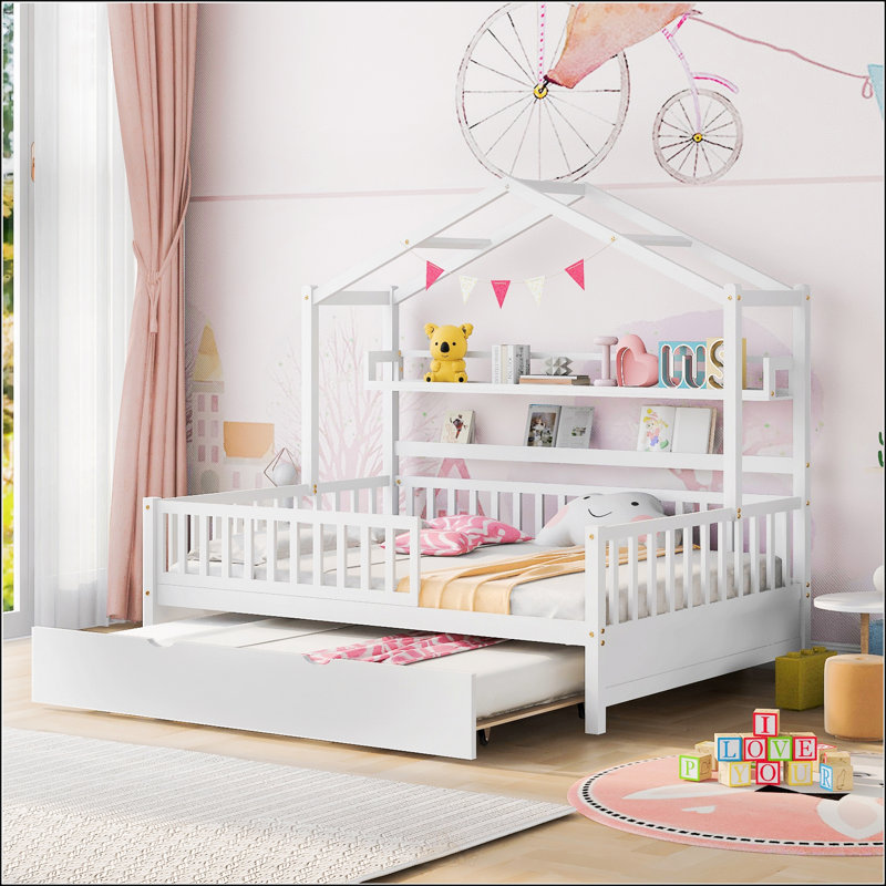 Lit double en bois avec lit gigogne simple et tablette, parfait pour les chambres d'enfants et peu encombrant