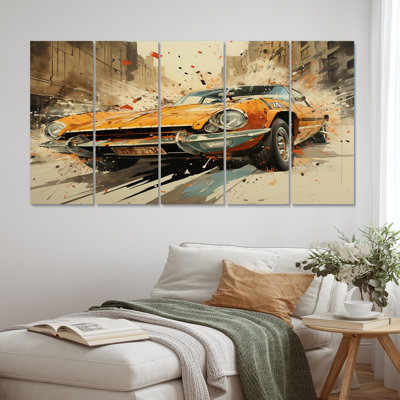 «Retro Grand Prix Sports Car Illustration IV - Cars Race Car», reproduction sur toile - 5 panneaux égaux