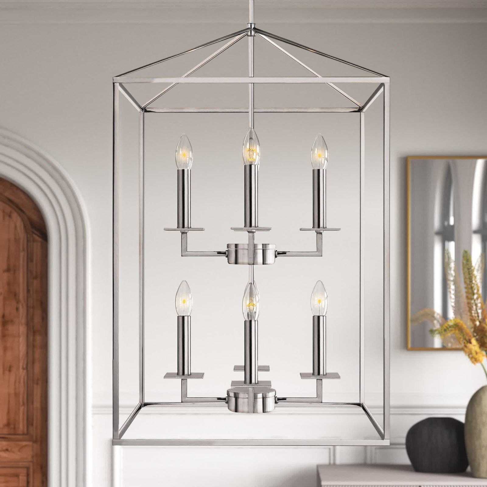 Ellis 8 - Light Dimmable Lantern Chandelier, Chrome, Yes, 38" H x 22" W x 22" D