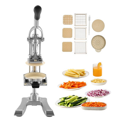 French Fry Cutter, 13 x 10.24 x 18.51 in, Stainless Steel & Aluminum Alloy, 1 Piece, Manual, Silver, with 4 Blades incl. Juicing Plate