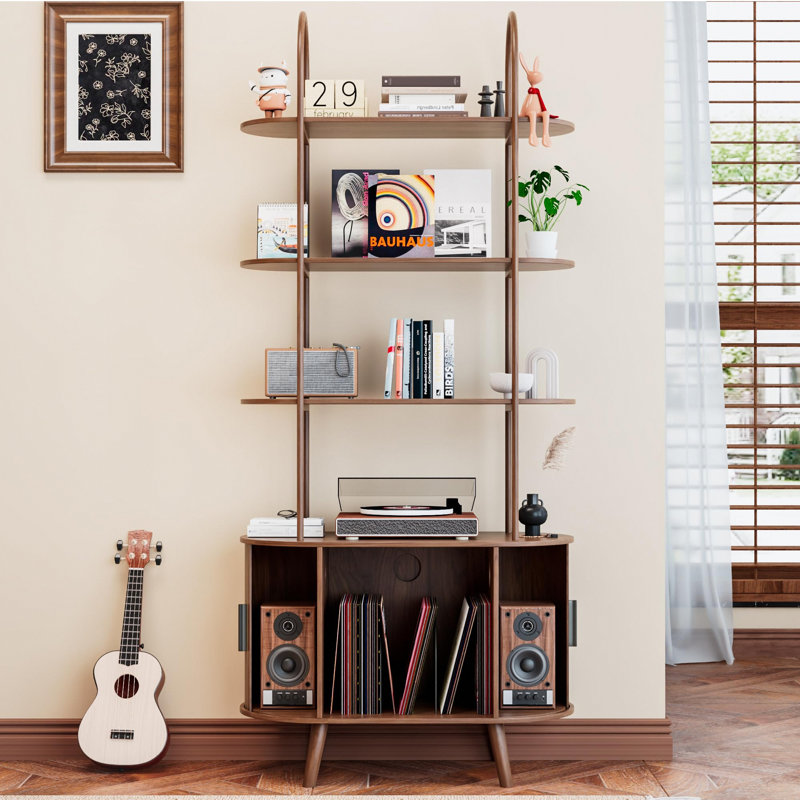 Tall Vinyl Record Player Stand, 4-Tier Bookshelf With Sliding Doors, Walnut