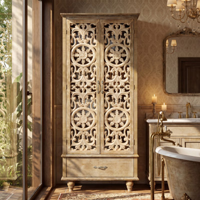 Armoire de rangement autoportante en placage de bois avec portes sculptées et tiroir