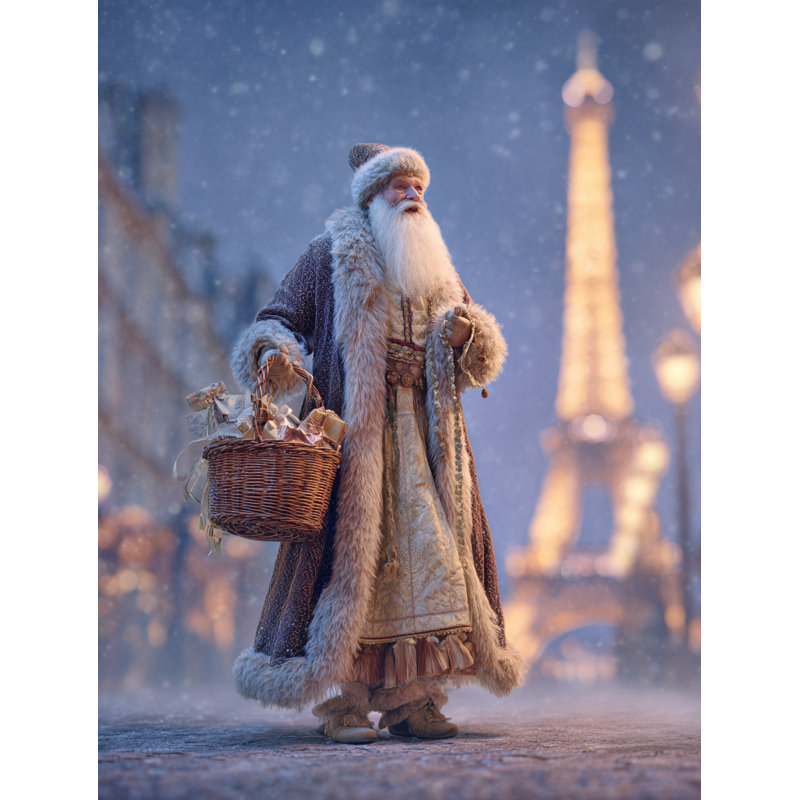 «Vintage Santa in Paris Night Glow», art mural sur toile tendue