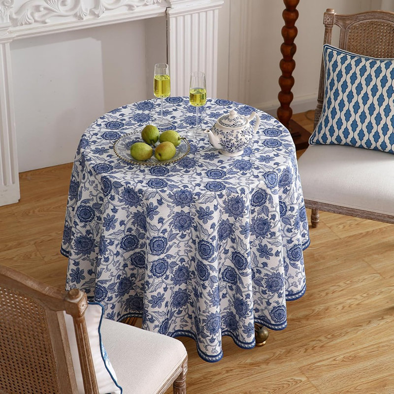 Nappe bleue pour tables rondes, lin rétro élégant avec des nappes à motif floral cachemire, housse de table en tissu Farmhouse