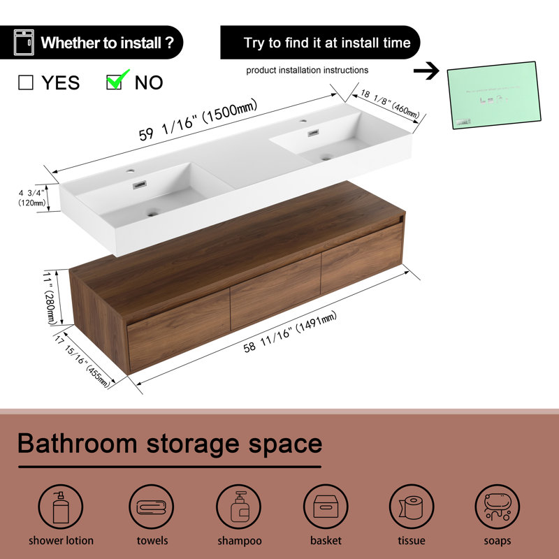 Meuble-lavabo double 60 po avec plateau en résine