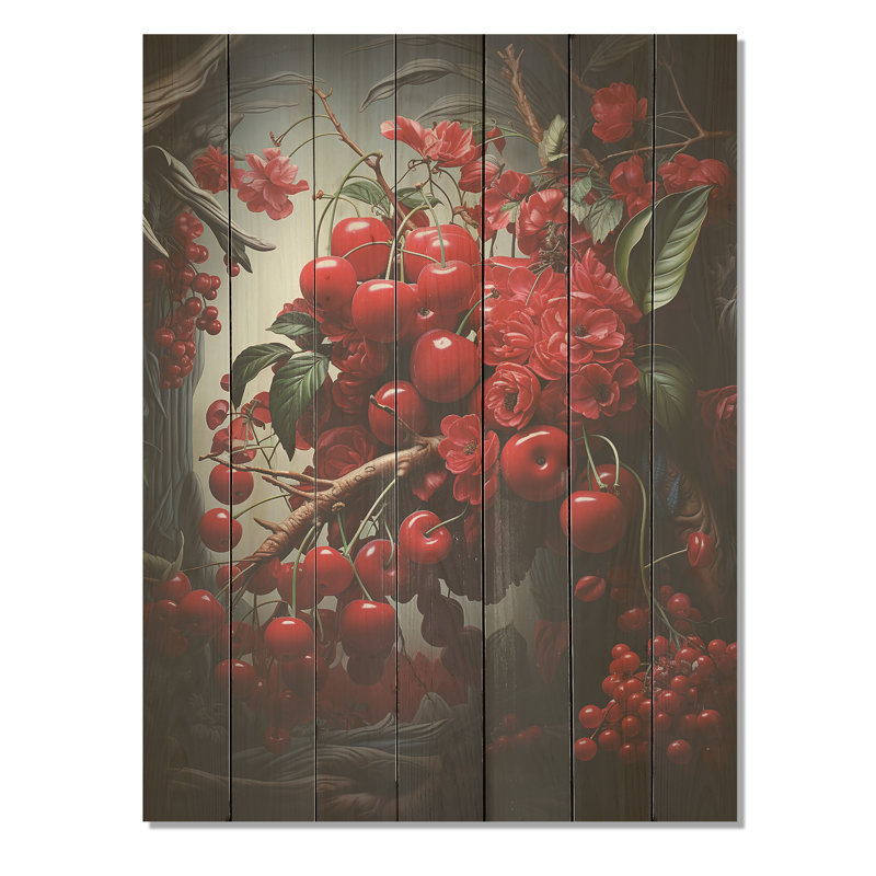 Red Cherry Tree Explosion II - Cerisier sur bois, H 20 po x l 10 po