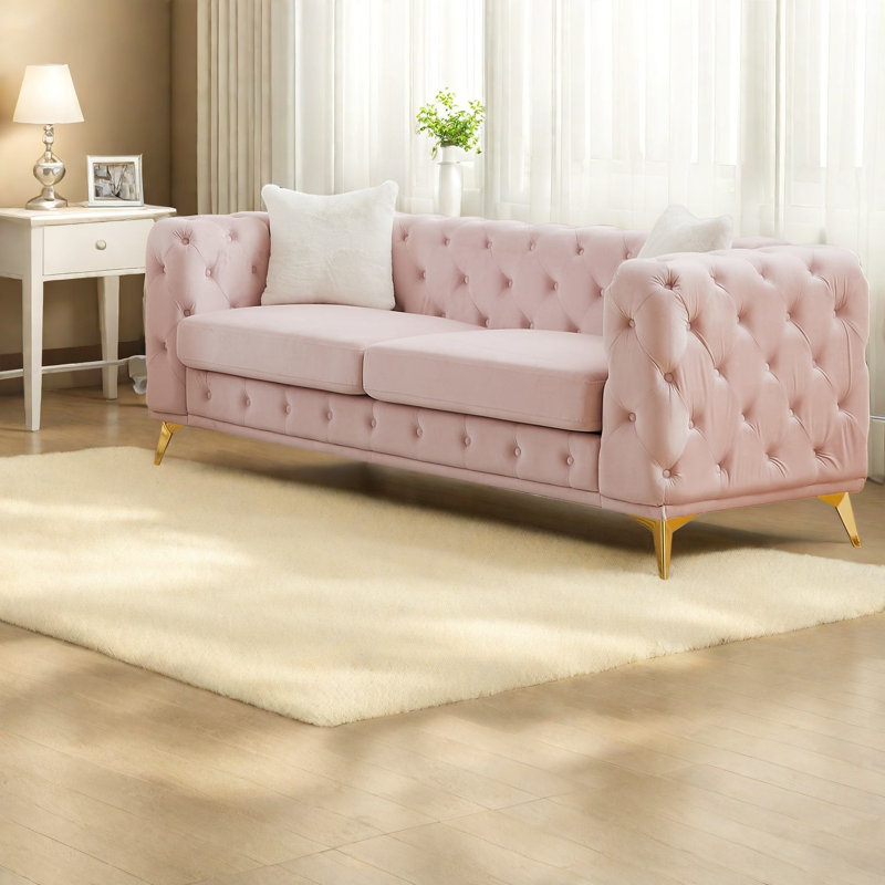 Canapé à compression, canapé Chesterfield 82,5 pouces en velours rose