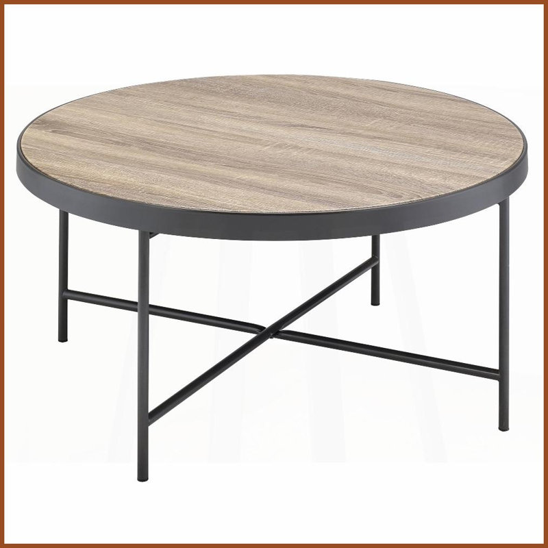 Chêne gris industriel patiné Table basse ronde noire - Support en X stable, grande surface pour le salon