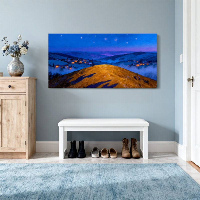 «Landscape & Nature Night Sky Mountain Village Landscape», reproduction d'art, H 16 po x l 32 po