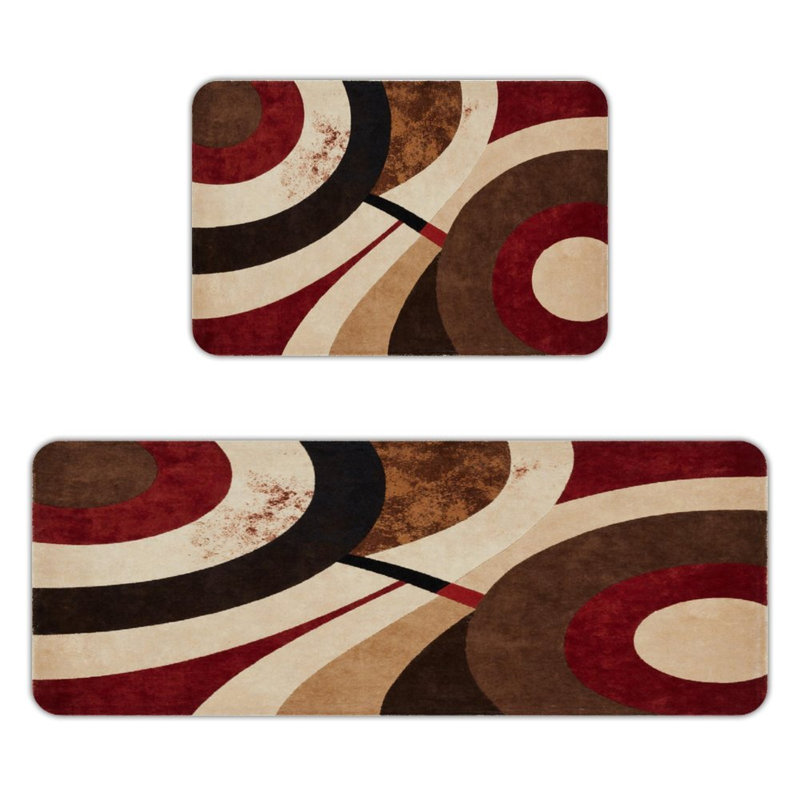 Curved Geometric, Kitchen Mats Set of 2, Brown/Red Geometric Shapes