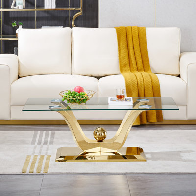 Table basse moderne de 47,2 po, table basse en verre trempé de luxe avec base florale en acier inoxydable pour le bureau de la chambre à coucher