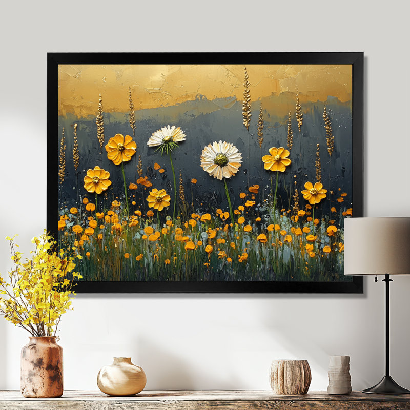 «Dark Summer Daisies Field Landscape II» - Art mural marguerites, Cadre simple, Noir, H 12 po x l 20 po