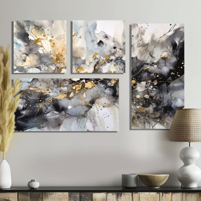 Gris délicat et abstrait coups de pinceau II - grand art mural abstrait en marbre 4 pièces