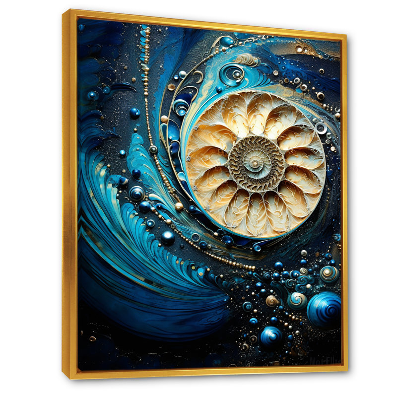 Nautilus, saphir, coquillages I sur toile, H 32 po x l 24 po x P 1 po, Cadre flottant doré
