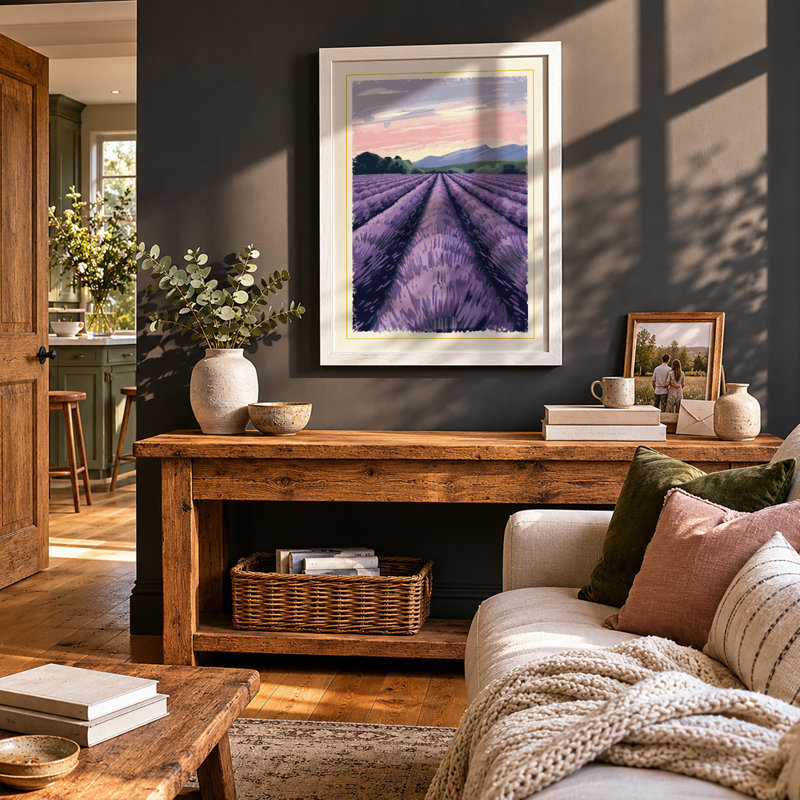 Lavender Field At Dusk Botanical - Print, A3 - 42.0 x 29.7 cm, White