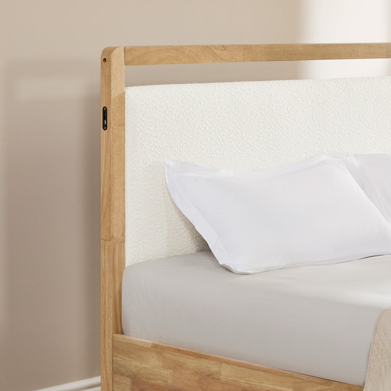 Structure de lit rembourrée moderne en bois massif avec USB, Crème, Crème, Grand lit