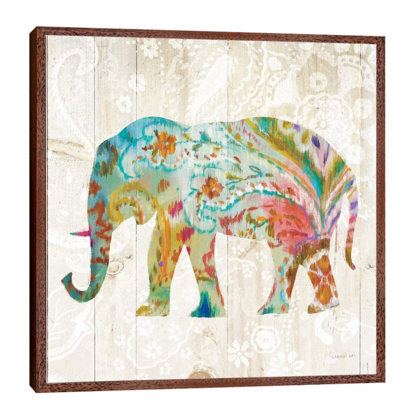 Boho Paisley Elephant II by Danhui Nai - Floater Frame Print on Canvas, Brown Framed