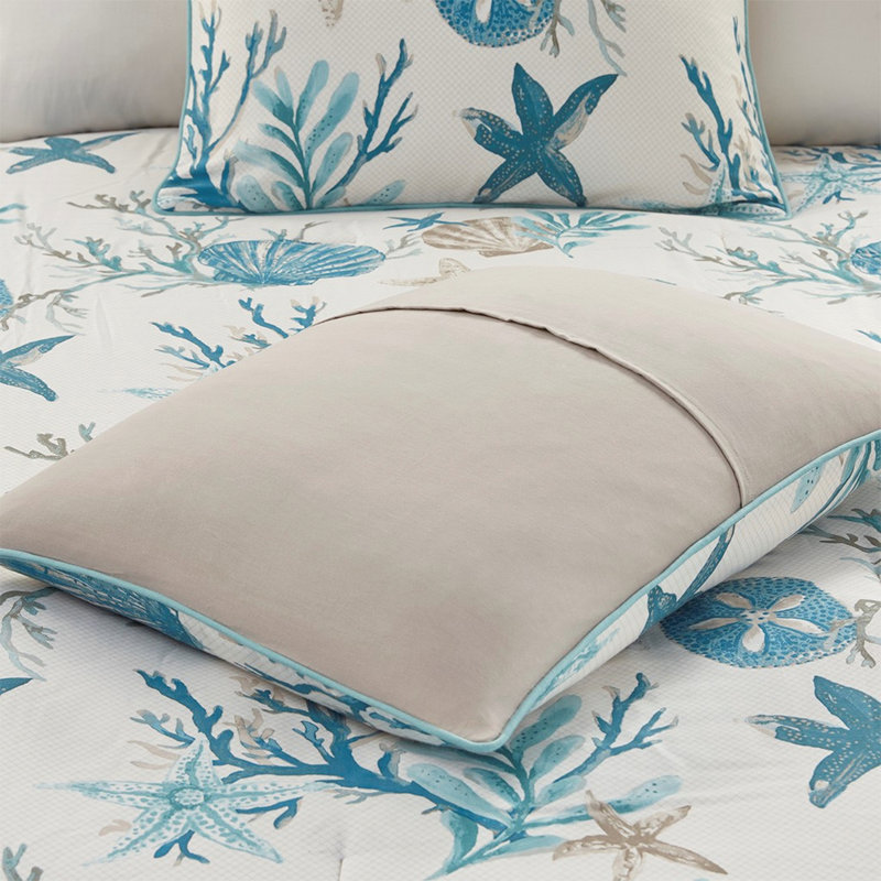 7 Piece Cotton Comforter For King Bed - With Printed Shells, Starfish, Corals & Luxurious Feel Size Coastal Print Of, Aqua