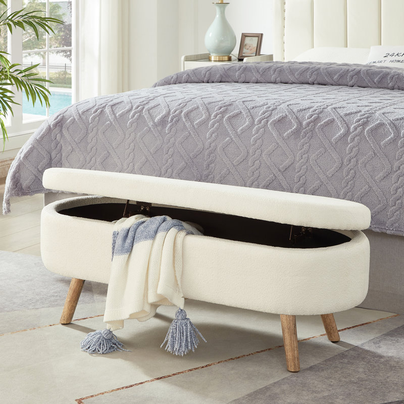 Oval Boucle Storage Ottoman Bench, Luxury Upholstered, Wood Legs, 350lb Capacity, Safety Hinge, Ivory