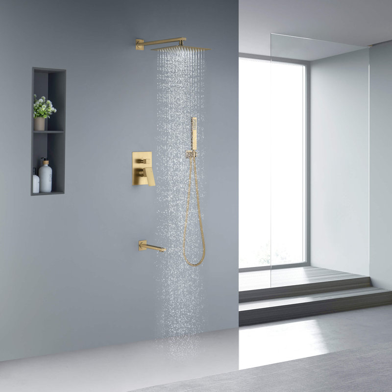 Cube Pressure Balanced 3-Function Shower System with Rough-In Valve, Brushed Brass
