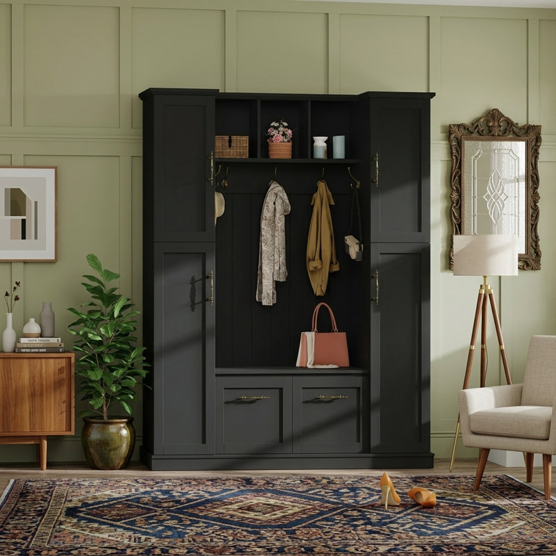 Elegant Design, Hall Tree With Open Storage & Bench For Entryway, Black