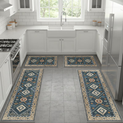 Retro-Style Four-Piece Kitchen Rug Set, Non-Slip And Machine Washable Kitchen Mat, Suitable For Floors, Hallways, Laundry Rooms, Sinks, And Other Multi-Scene Applications, Blue.