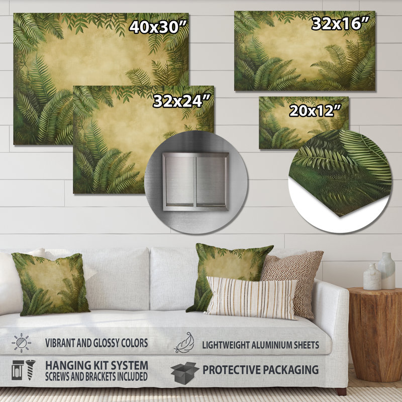 Feuilles de fougère, forêt tropicale tropicale II - décor de fougères, impression moderne sur métal, H 28 po x l 60 po