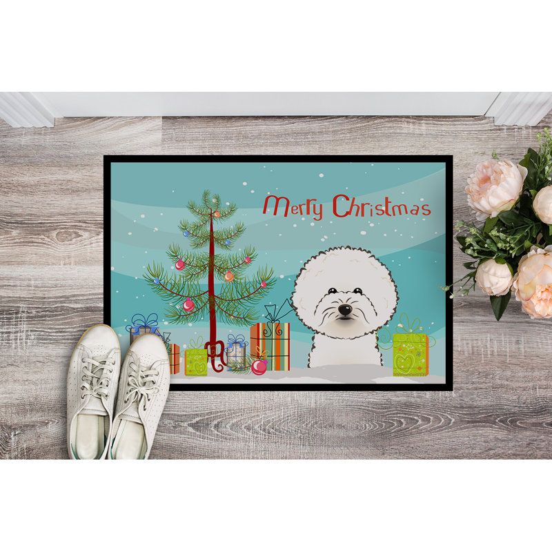 Paillasson d’extérieur antidérapant à motif de sapin de Noël et Bichon frisé Shareena, Rectangle 1 pi 6 po x 2 pi 3 po