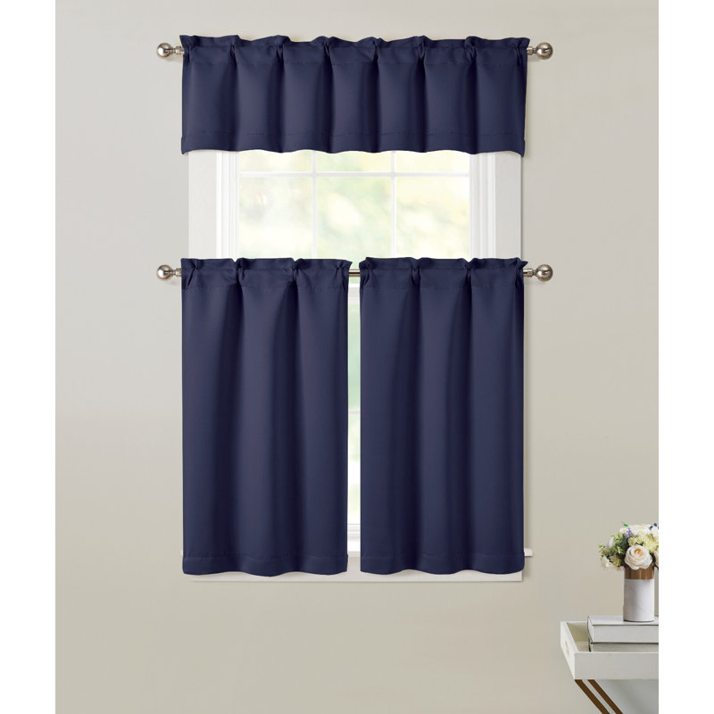 3 Piece Room Darkening Rod Pocket Cafe Kitchen Curtain Tier & Valance Set, Navy