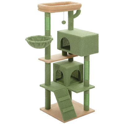Arbre à chat pour grands chats avec super grand perchoir, tour à plusieurs niveaux de 56,2 po pour chats d'intérieur avec hamac et sac de couchage, tablettes pour chat avec poteaux à griffes et 2 maisons en copropriété