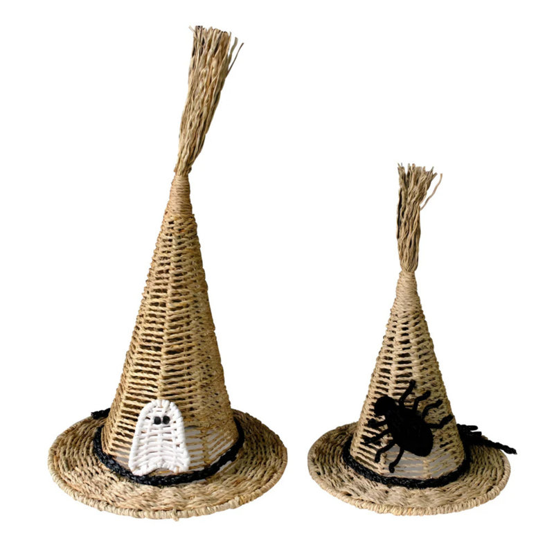 Décoration de chapeau de sorcière naturelle tissée à la main avec des fantômes et des araignées - ensemble de 2 décorations de table d'Halloween