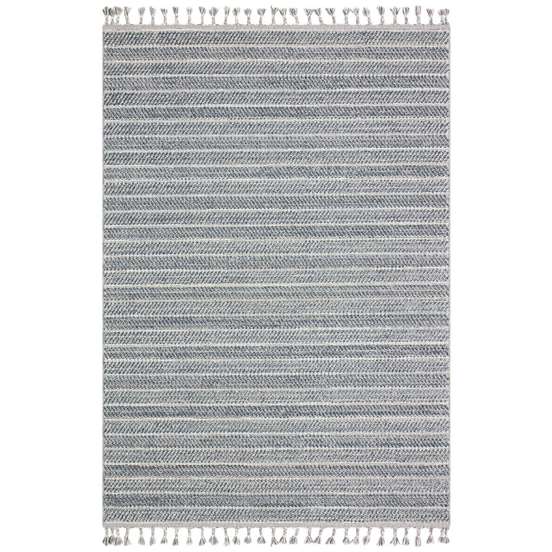 Tapis rectangulaire à rayures en polyester fabriqué à la machine 6 pi 7 po x 9 pi 6 po marine