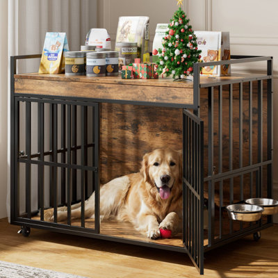 Style de cage de chien, chenil pour chien robuste avec roues et bols, niche décorative pour grands chiens