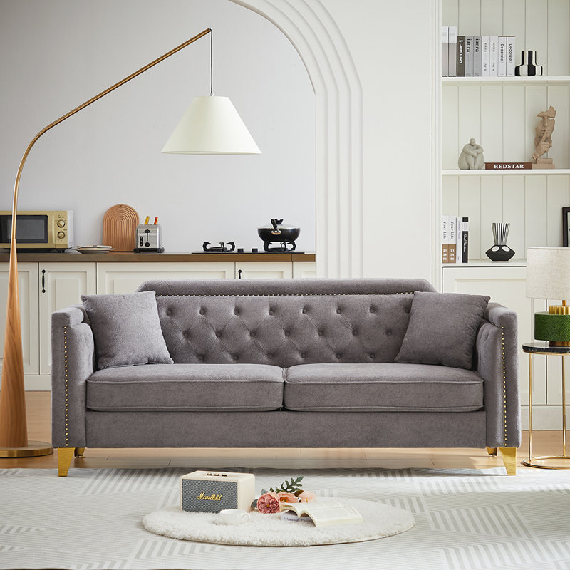 " mid-century modern chenille sofa | tufted buttons & copper nail armrest | 2 pillows | metal legs | stylish living room couch
