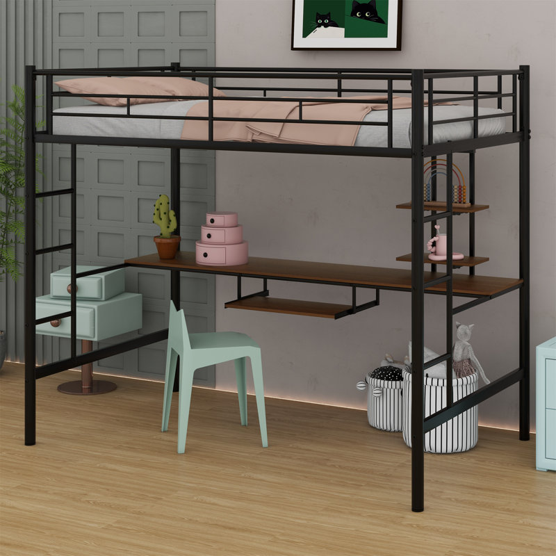 Lit mezzanine avec bureau et tablette, Double, Noyer
