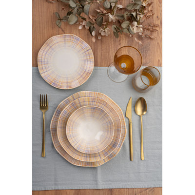 Service de table élégant 24 pièces, 100% porcelaine | Comprend 6 assiettes de service (9,8 x 9,8 x 0,8 po), 6 assiettes (8,3 x 8,3 x 1,8 po), 6 bols (6,3 x 6,3 x 2,0 po), 6 assiettes à dessert (7,5 x 7,5 x 0,8 po) | Va au lave-vaisselle et au micro-on