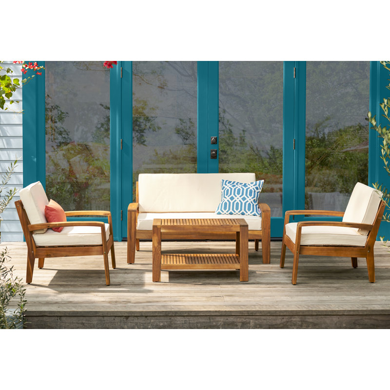 Acacia 4 - Person Patio Conversation Set with Cushions, Teak Frame/Beige Cushion