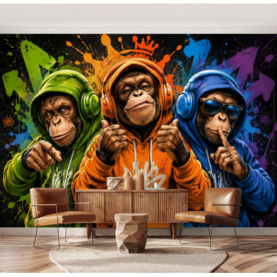 Wall Mural Peel and Stick Hip-Hop Monkeys Colorful Hoodies Street Art Large Wallpaper Self-Adhesive Removable Contact Paper Wall Decor for Living Room Bedroom Nursery 69"H x 96"W