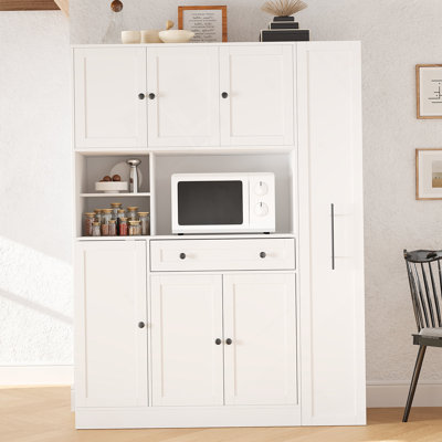 Buffet autoportant traditionnel 52,8 x 17,7 x 70 pouces avec huche, grande armoire de rangement pour garde-manger avec armoire latérale coulissante, tablettes de porte et tiroir, blanc