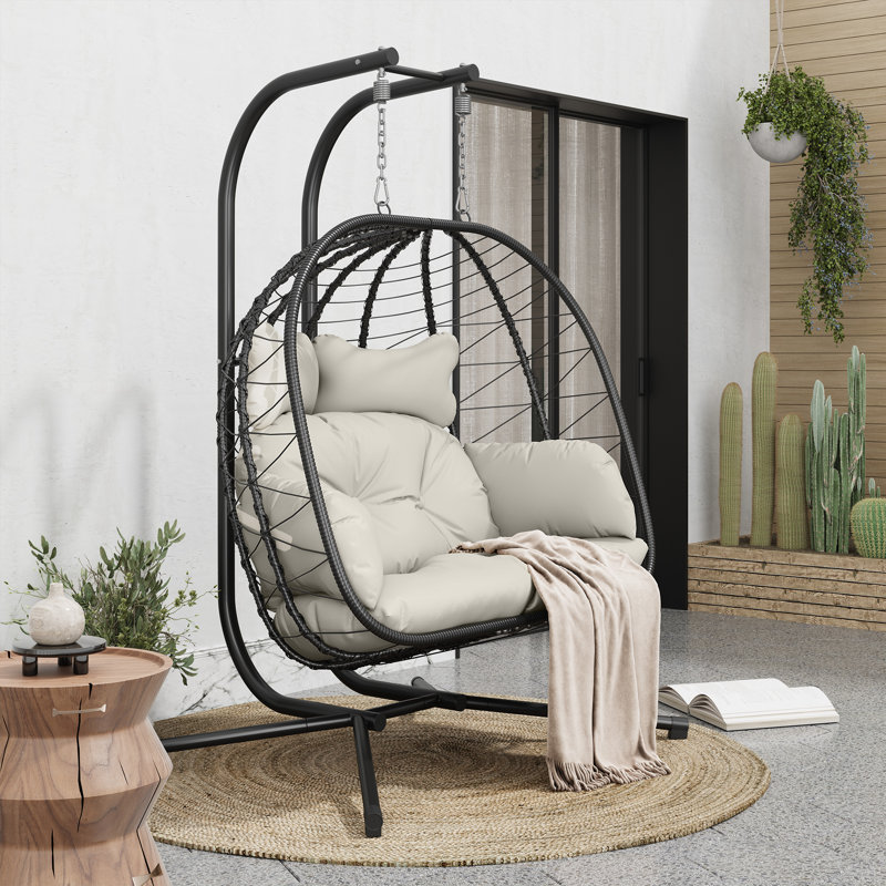 Fauteuil à œufs suspendu pour 2 personnes avec support - siège de patio extérieur en osier, capacité de 700 lb, Black/Beige