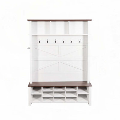 Farmhouse Hall Tree with 6 Hooks, Practical Walnut Entryway Bench with Adjustable Shelves