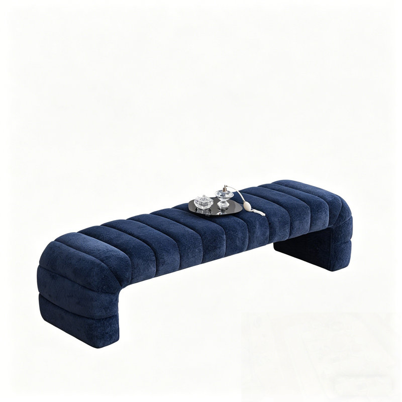 Chenille Upholstered Armless Bed Bench, Navy