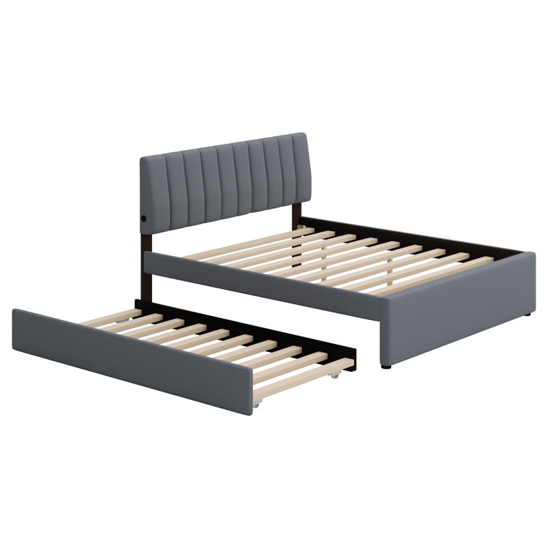 Lit plateforme tapissier avec lit gigogne, Gris