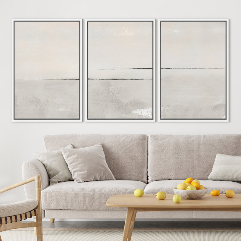 Modern Large Duotone Pastel Minimalist Landscape Subtle Wall Art Framed Canvas 3 Pieces Print, 36" H x 72" W, White