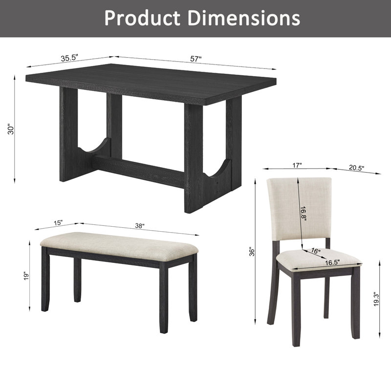 Ensemble de salle à manger 6 pièces de style ferme moderne, table, banc et chaises rembourrées, piètement en U, 145 cm de long.